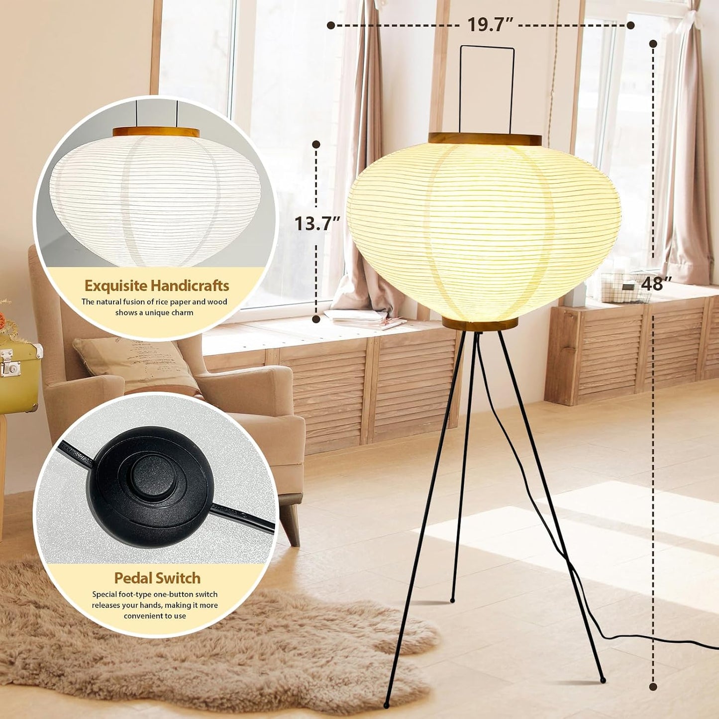 Noguchi Style Akari Floor Lamp, Rice Paper Lantern for Establishing A Warm and Cozy Ambiance in Any Room (Cloud), Japanses Floor Lamp