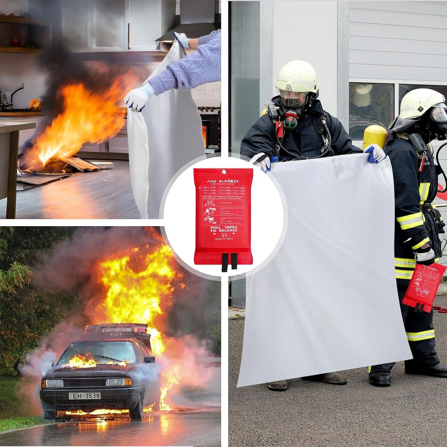 Copkim 4 Pack Fire Blankets for Home and Kitchen 47''x47'' Emergency Fire Blanket for Fiberglass Fire Suppression Blanket with Hook Gloves Whistles Fire Safety Blanket for Car Camping Grill Office BBQ