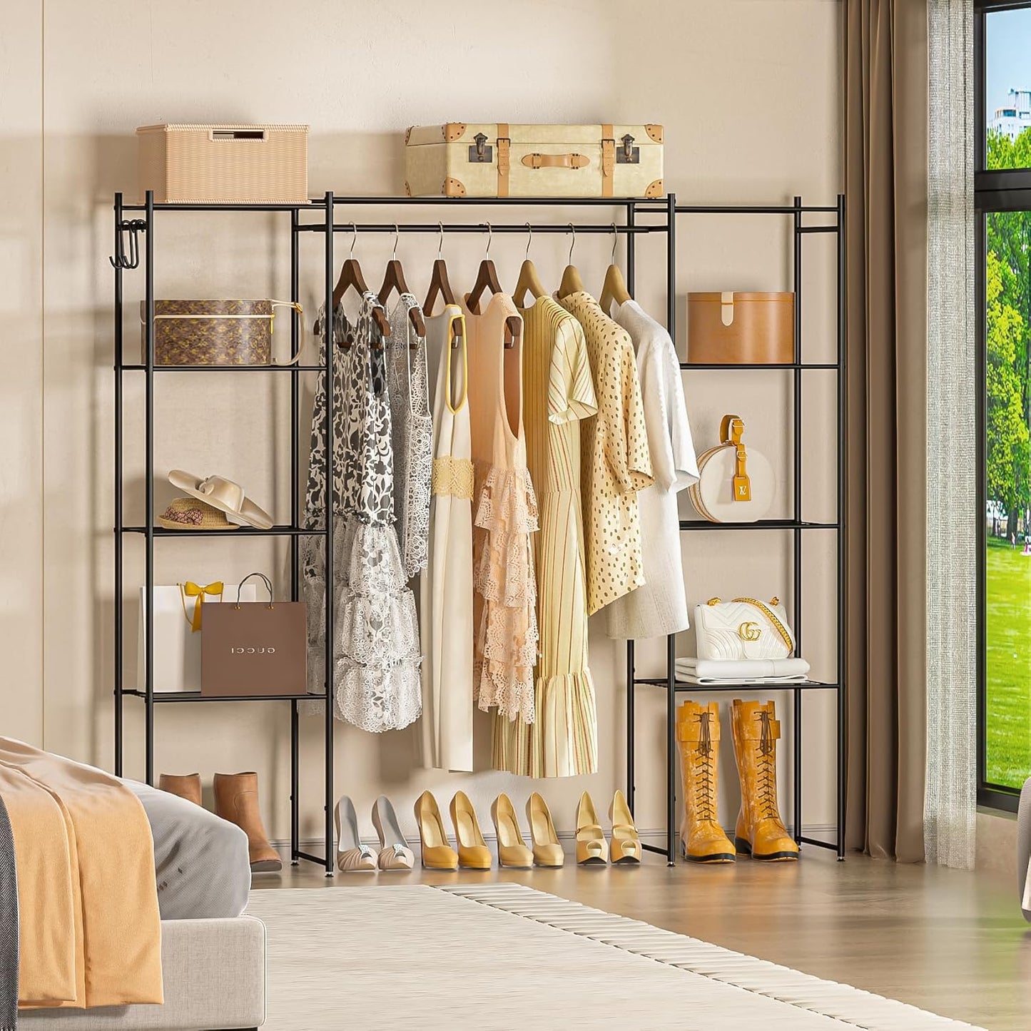 Neprock Wardrobe Closet, Portable Clothing Rack for Hanging Clothes, Free Standing Closet Organizers and Storage System with 4 Tiers Shelves for Cloakroom Bedroom,Black