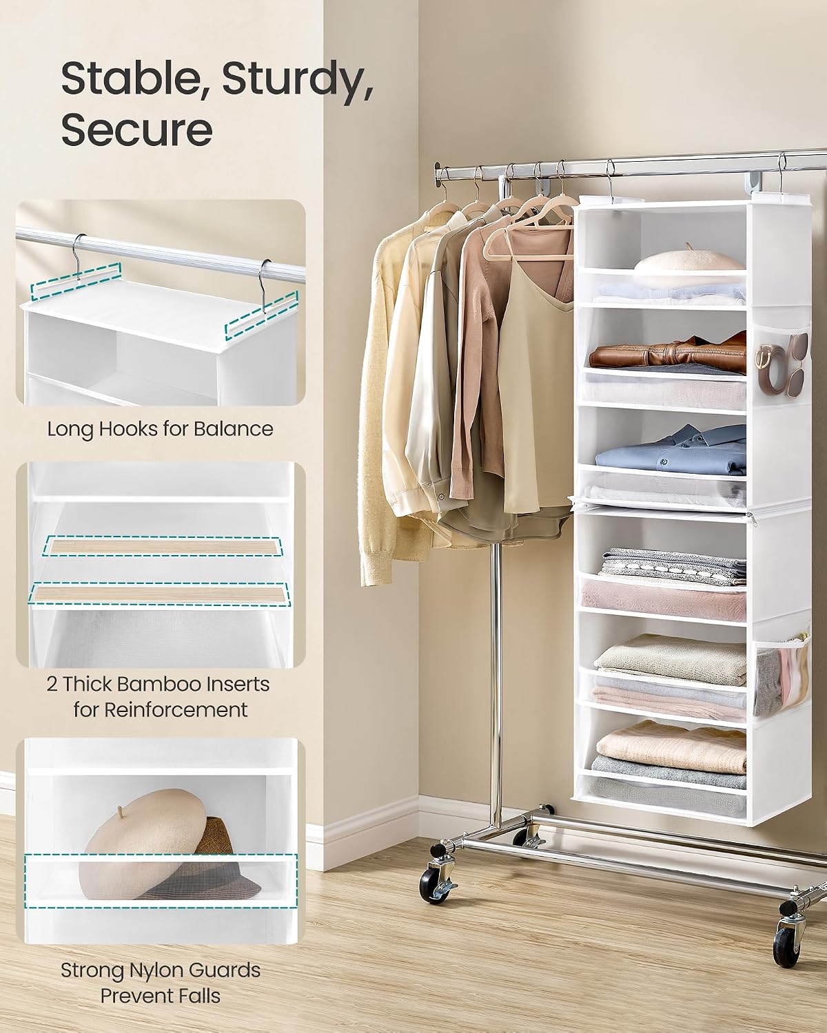 SONGMICS Hanging Closet Organizer, 6-Tier Fabric Storage Shelf, Separable Closet Hanging Shelf with Side Pockets, Foldable, Metal Hooks and Bamboo Inserts, Dove Gray URCH007G01