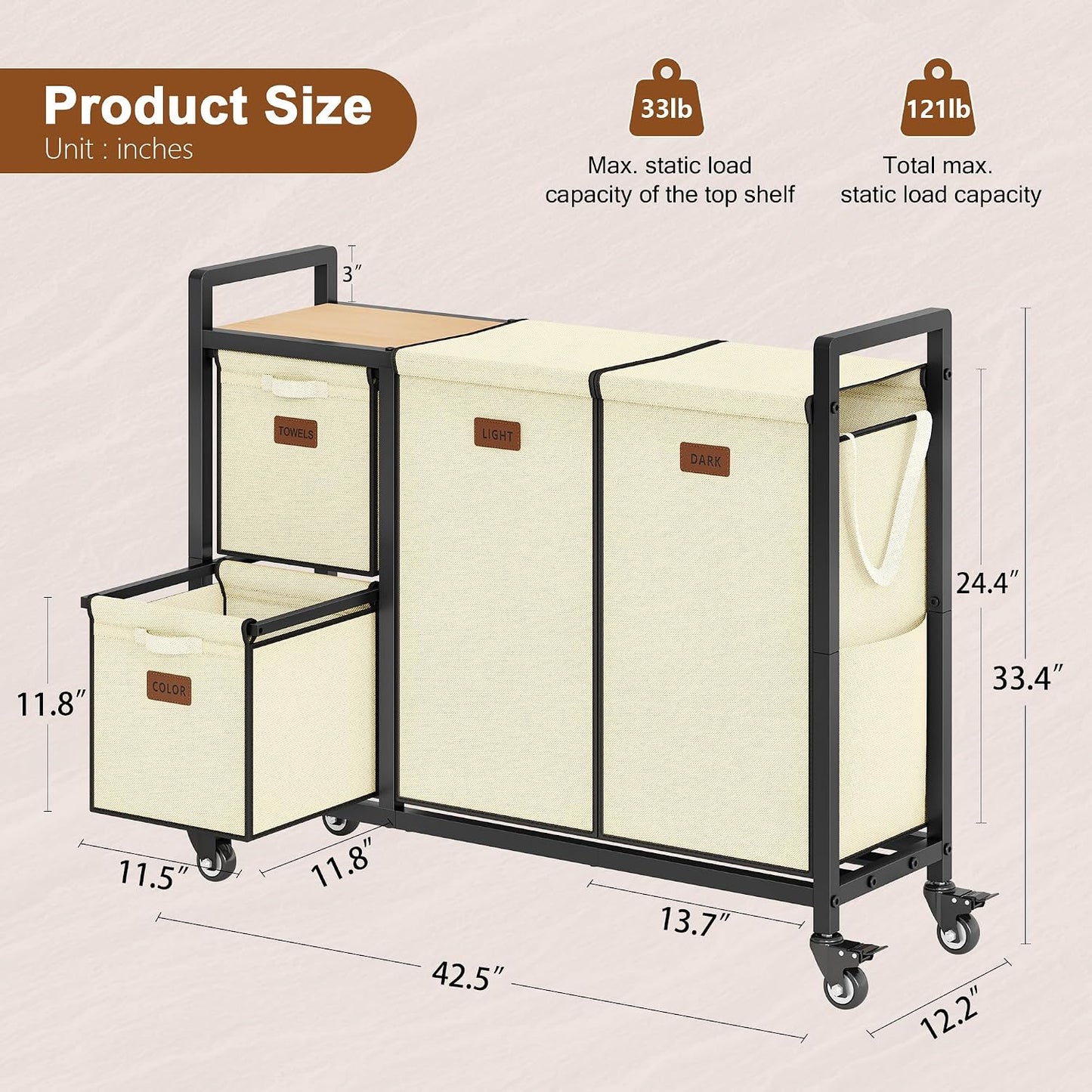Hoctieon 4 Section Laundry Cart, 48 Gal. (182L) Laundry Hamper with Lid, Laundry Basket with Wheels, Rolling Laundry Sorter Organizer with Shelf, Clothes Separator with Removable Bags, Black