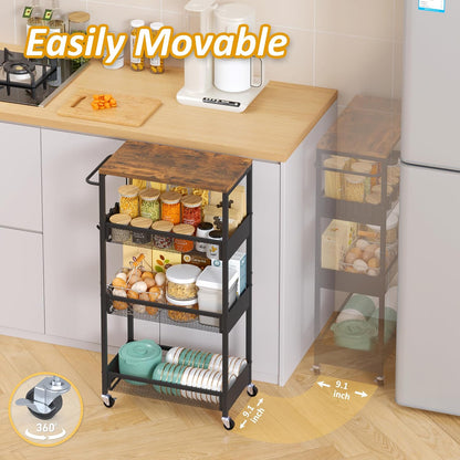 Vincona 7.1" Wide Slim Storage Cart on Wheels, 4 Tier Metal Narrow Rolling Cart with Handle and Wood Top, Multifunctional Small Mobile Shelf Unit Organizer Trolley for Laundry, Bathroom, Kitchen
