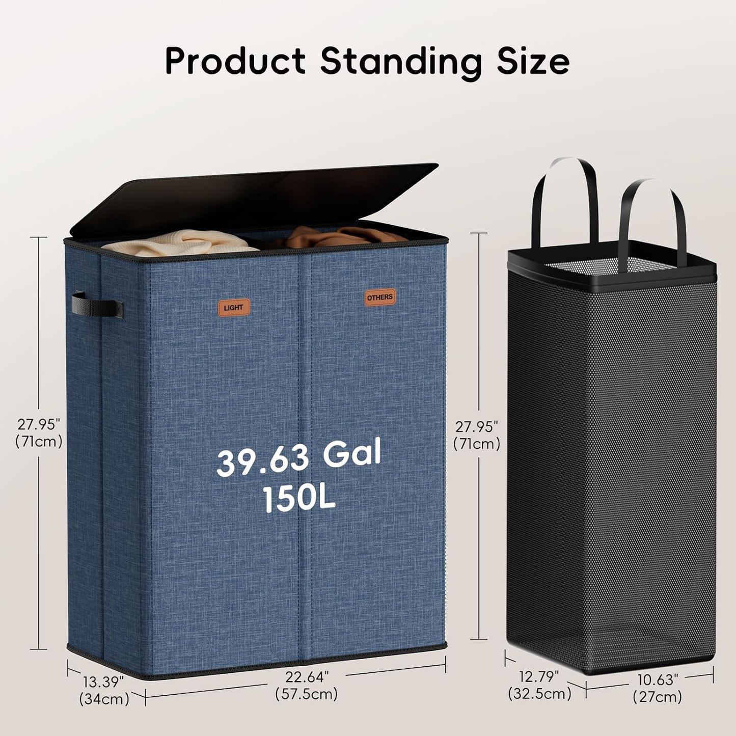 185L Laundry Hamper 3 Section, Laundry Hamper with Lid, Dirty Clothes Hamper with 3 Removable Washing Bags, Extra Large Laundry Basket Organizer for Bedroom, Laundry Room, Dorm - Black