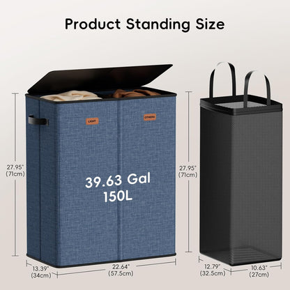 185L Laundry Hamper 3 Section, Laundry Hamper with Lid, Dirty Clothes Hamper with 3 Removable Washing Bags, Extra Large Laundry Basket Organizer for Bedroom, Laundry Room, Dorm - Black