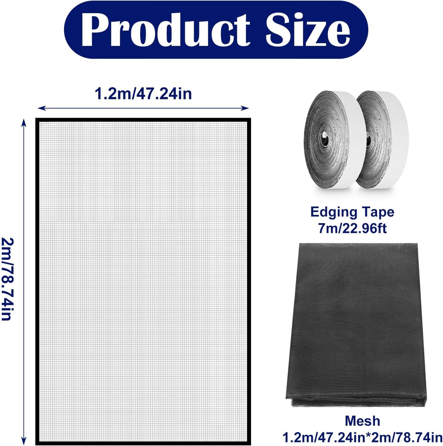 47.2 x 78.7 inch Window Screen with 23 Feet Black Upgraded Hook and Loop Adhesive Edging Frame Free Cutting DIY Self-Adhesive Window Screen Mesh Curtain Replacement