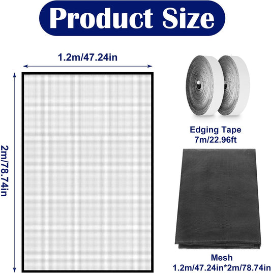 47.2 x 78.7 inch Window Screen with 23 Feet Black Upgraded Hook and Loop Adhesive Edging Frame Free Cutting DIY Self-Adhesive Window Screen Mesh Curtain Replacement