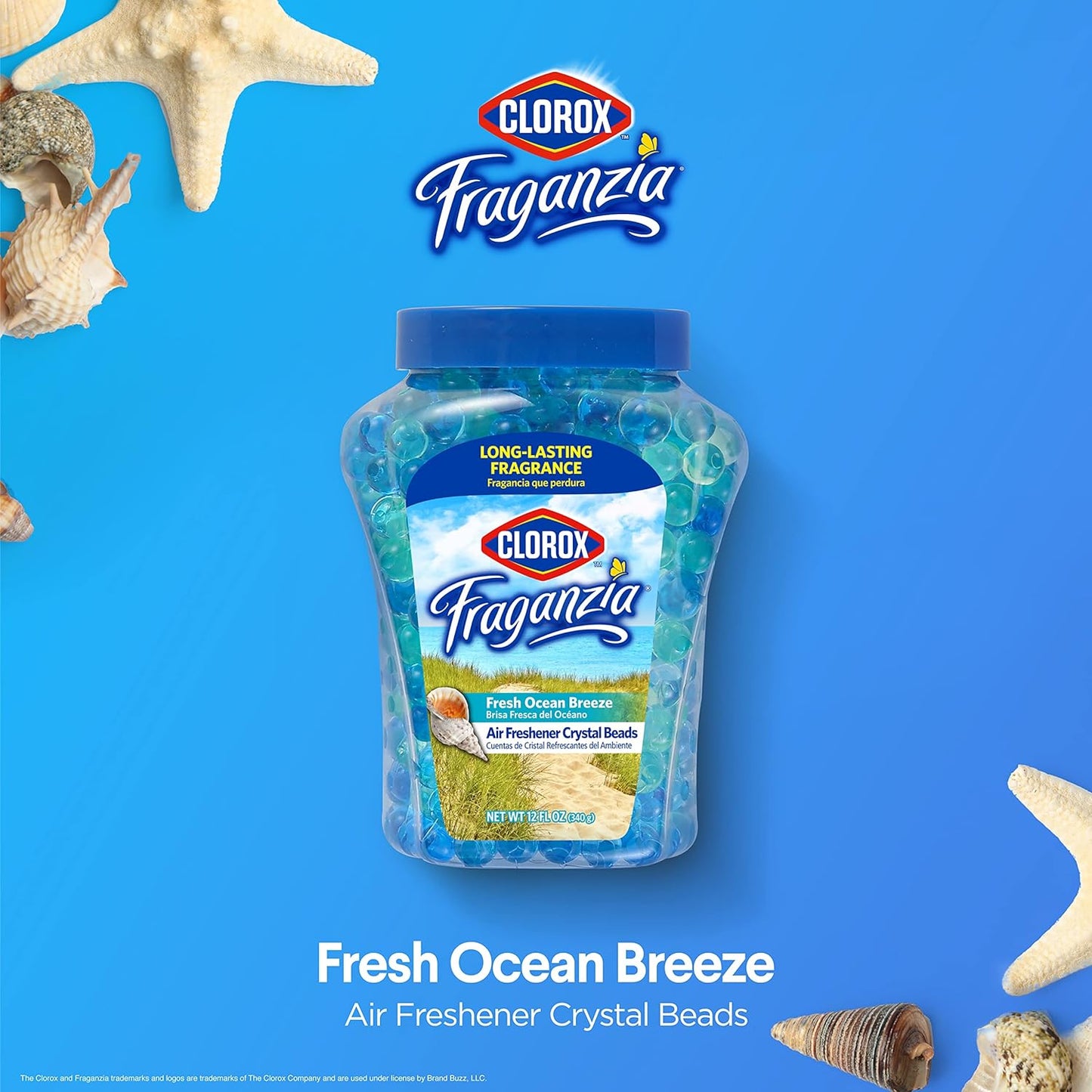 Clorox Fraganzia Crystal Beads Air Freshener, Long Lasting Room Deodorizer and Odor Eliminator Gel Beads to Freshen Home, Car, or Office, Fresh Ocean Breeze Scent, 12 Fl Oz - 2 Pack
