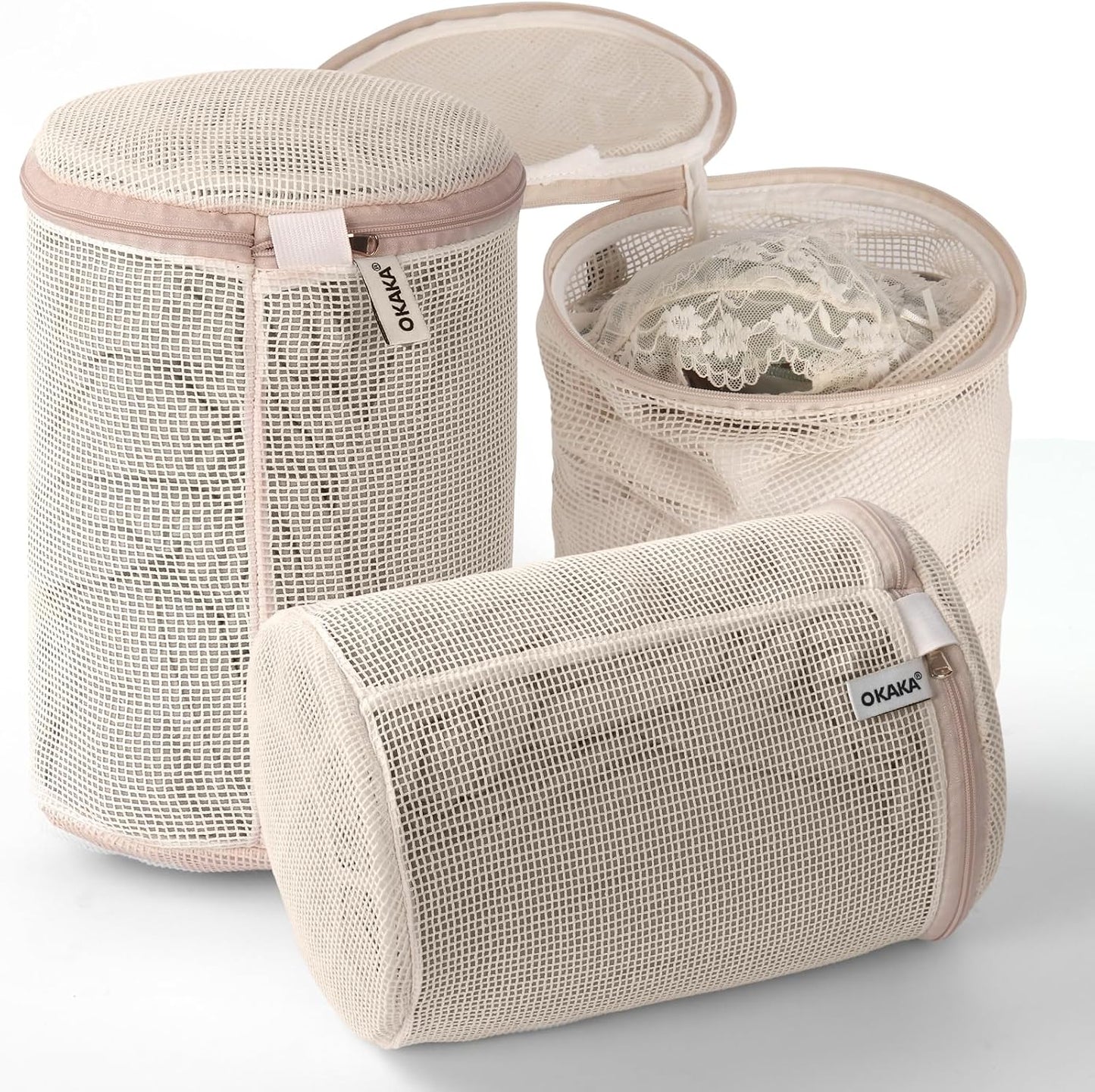 100% Pure Cotton Mesh Laundry Bags, Bra Lingerie Wash Bags for Delicates, No Dye, Set of 3, Natural(8x6.5 Inch)