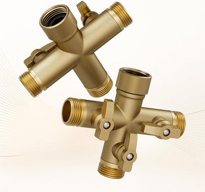 Hose Splitter Solid Brass 3 Way + Type Outdoor Faucet and Water Spigot Connector with Shut-Off Valves, 4 Extra Silicone Washers Included