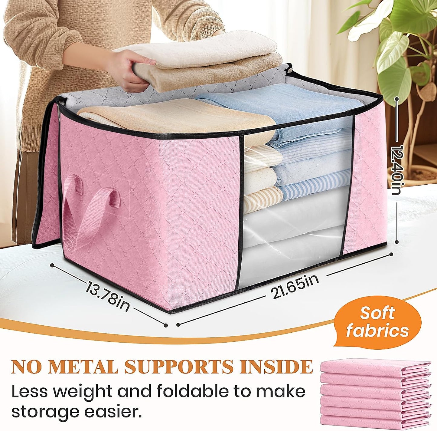 Fab totes 6 Pack Storage Bags for Clothes and Blanket, Foldable Closet Organizers and Storage with Zippers, Clear Window and Handles, Fabric Storage Bins for Sweater, Comforter, Bedding,Linen Sheets