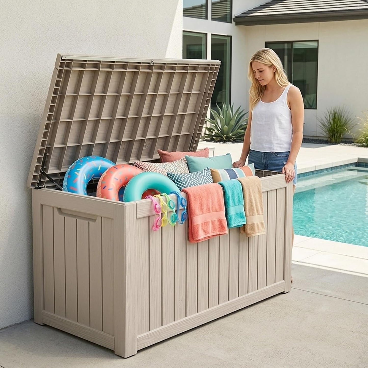 Outdoor Storage Box, 320 Gallon Waterproof Deck Box [Upgraded 3.0], Dual Gas-Spring Ultimate Resin Organizer for King Cushions, Heavy-Duty Lockable Estate Storage Bench, Backyard BBQ, Black