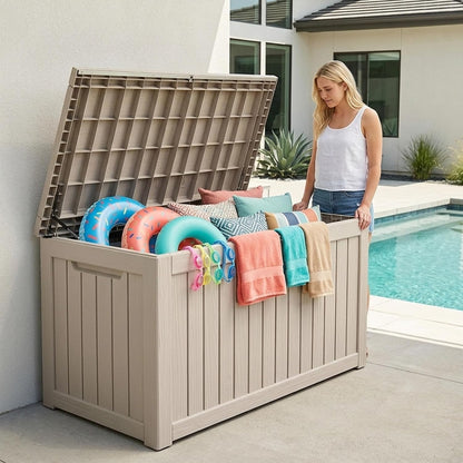 Outdoor Storage Box, 320 Gallon Waterproof Deck Box [Upgraded 3.0], Dual Gas-Spring Ultimate Resin Organizer for King Cushions, Heavy-Duty Lockable Estate Storage Bench, Backyard BBQ, Black