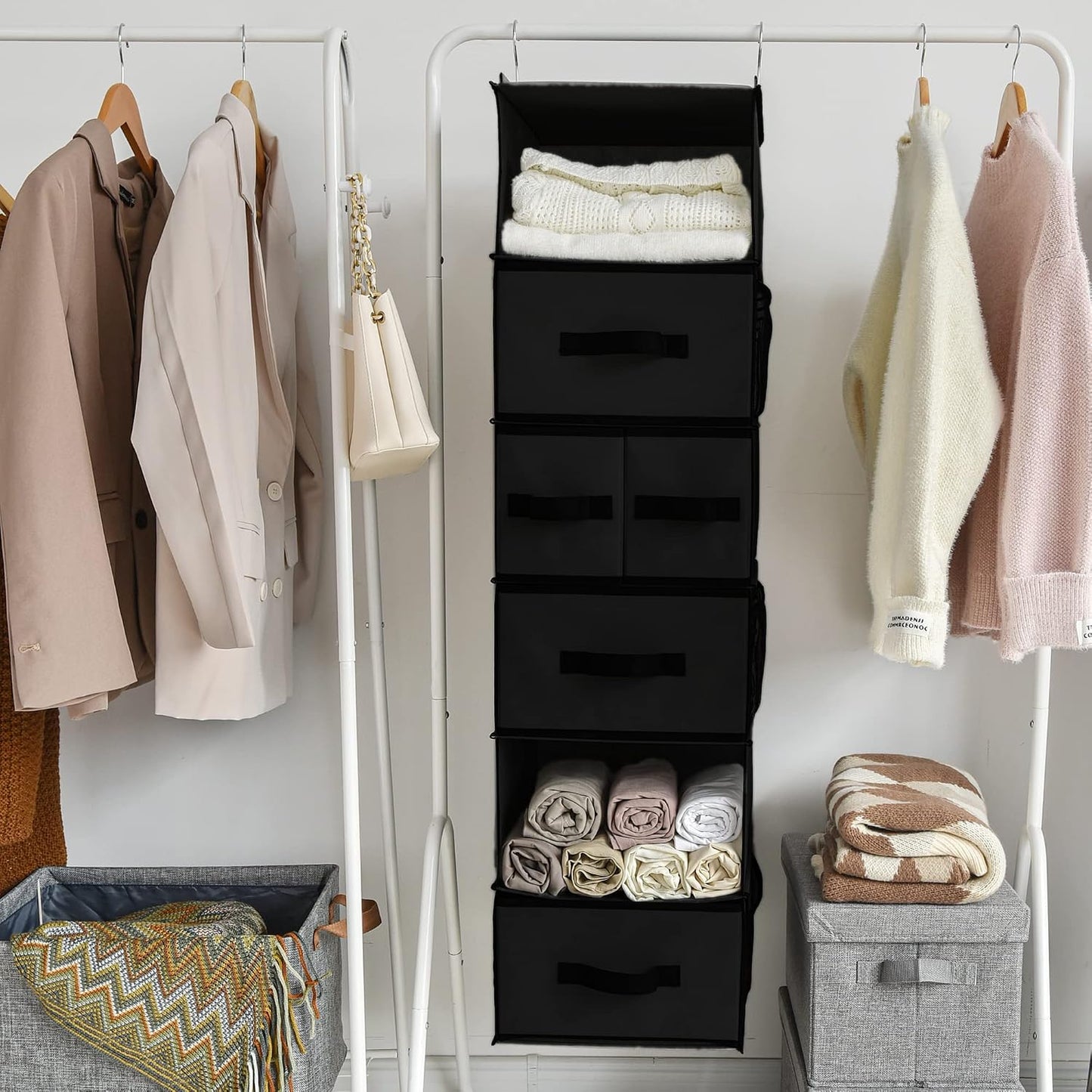 GRANNY SAYS Hanging Closet Organizer 6 Shelves, Closet Organizers and Storage with 5 Drawers, 6 Side Pockets Closet Hanging Organizer, Hanging Storage Organizer for Closet, Baby Clothes, Gray