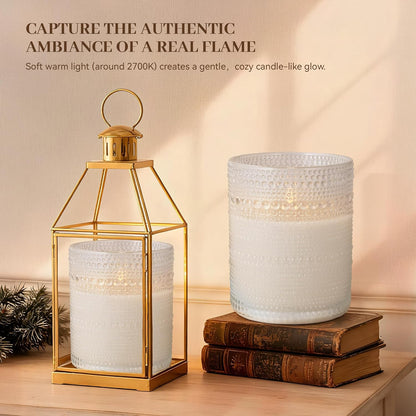 Dotted Glass Flameless Candles with Remote Timer, Real Wax Battery Operated LED Pillar Candles with 3D Flickering Flame for Festival Wedding Home Party Decor, 3" x 4", 4" x 5", Set of 2 (White)