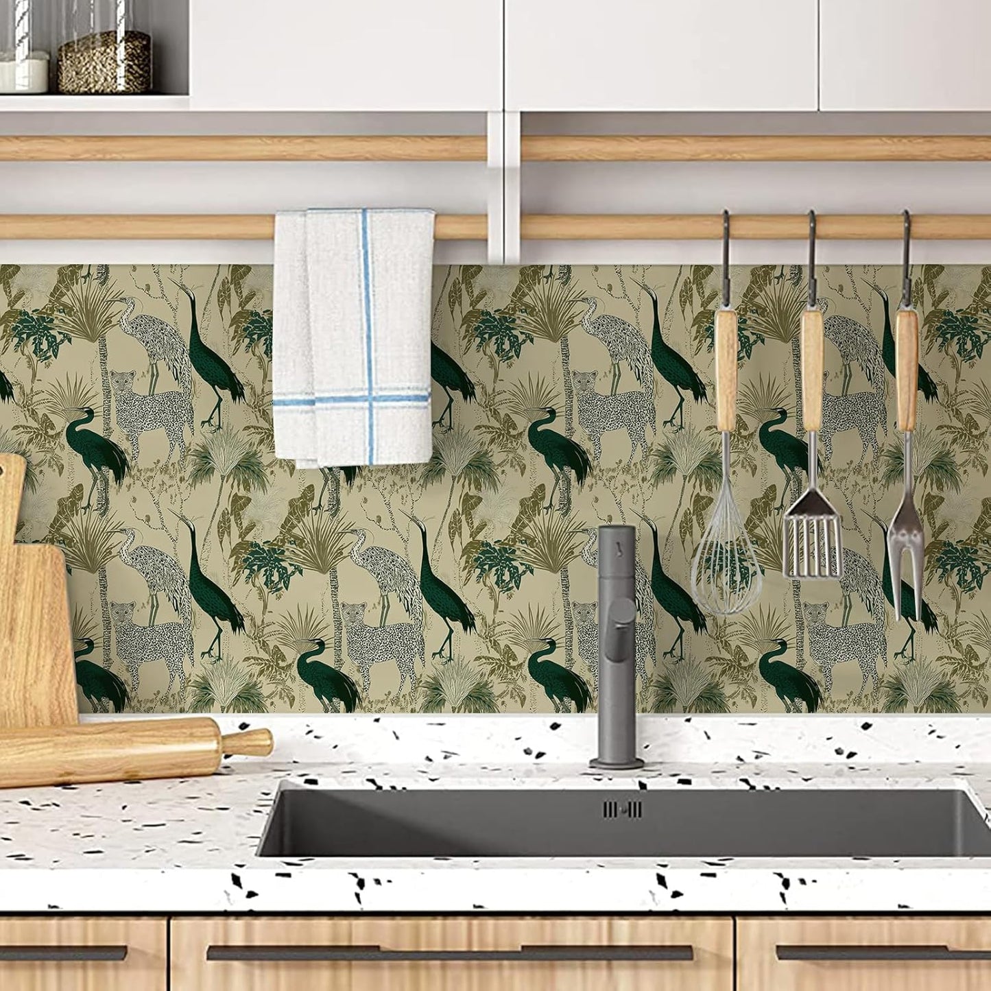 Peel and Stick Wallpaper, Leopard, Crane & Tropical Plant Pattern, Self - Adhesive Removable, PVC Contact Paper for Bedroom/Living Room/Kitchen/Bathroom/Cabinet, Renter Friendly ﻿
