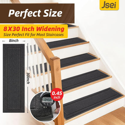 JSEI Stair Treads for Wooden Steps Indoor, 15-Pack Non Slip Stair Treads 30" x 8", Washable Polyester Stair Mats with TPE Backing, Low Profile Stair Rugs for Kids, Seniors and Dogs, Brown