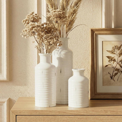 Firehold Ceramic Vase Set of 3, Rustic Farmhouse Boho Vases, Textured Country Home Decor, Small Decorative Vases for Shelves Mantel Table, Gift Set for Dried Pampas Grass & Fresh Flowers (White)
