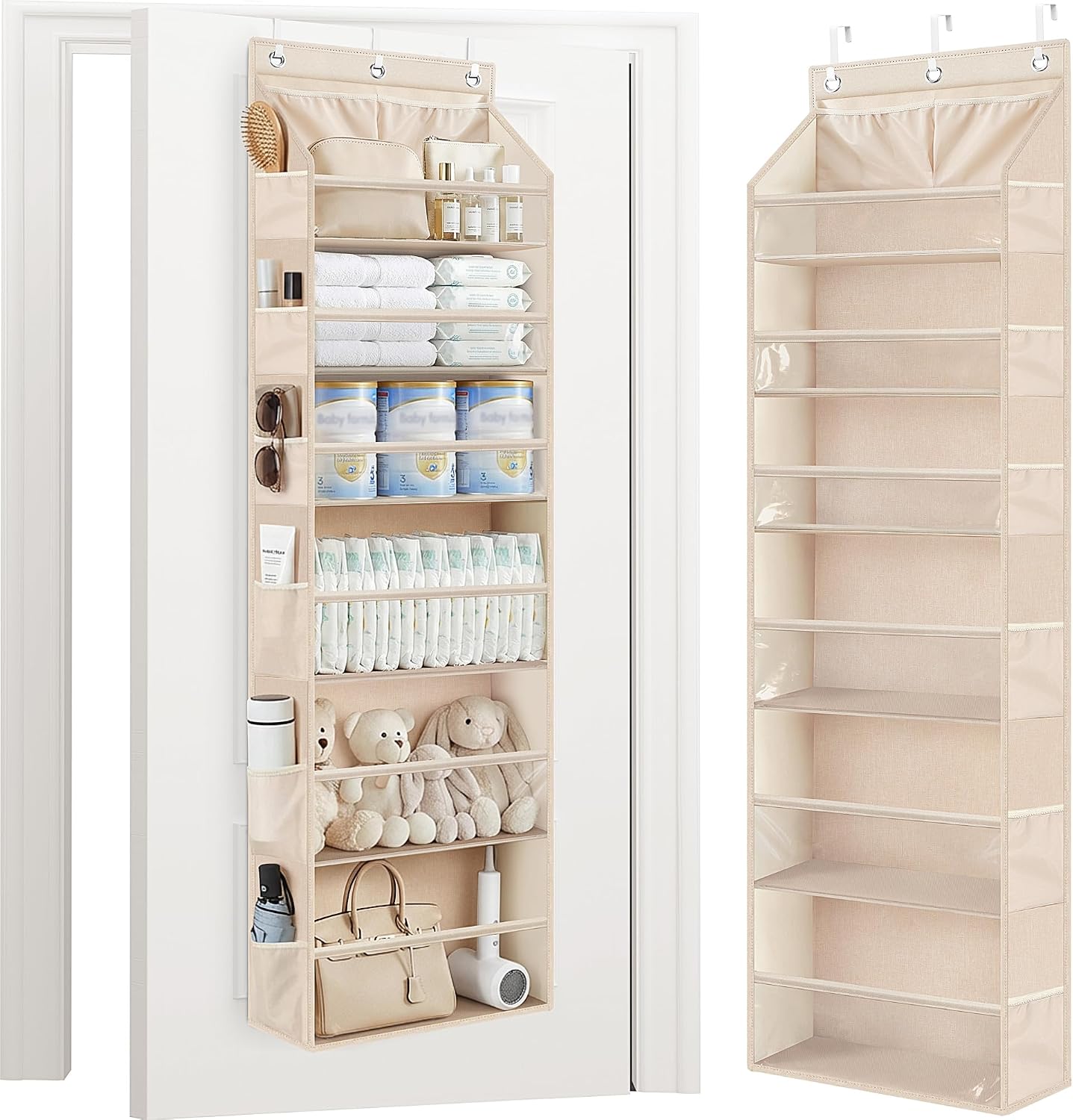 STORAGE MANIAC Over the Door Organizer 6-Shelf Closet Hanging Storage with 14 Mesh Pockets, 66lbs Capacity Clear Deep Pockets Behind Door Storage for Nursery, Bathroom, Bedroom, 1 Pack Grey