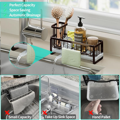 HapiRm Sponge Holder for Kitchen Sink - Self-draining Sink Caddy with Brush and Dishcloth Holders, Stainless Steel Kitchen Countertop Organizers and Storage Essentials - Black
