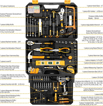 Tool Kit Box Drill Set：DEKOPRO Home Mechanic Toolbox with 12V Power Cordless Drill Hand Repair Tools Sets Combo Kits Storage Organizer Drawer Case for Men