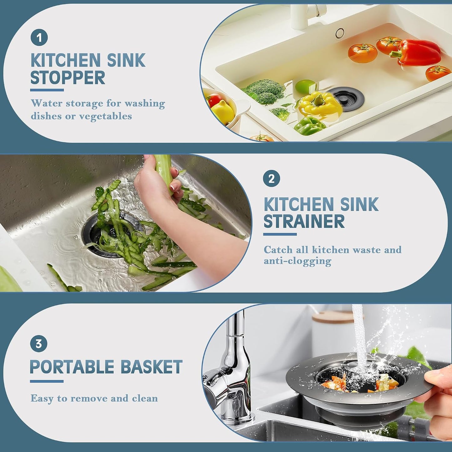 Sink Drain Strainer 3 in 1, 304 Stainless Steel Pop Up Kitchen Sink Stopper with Anti-Clogging Basket, Kitchen Essential Drain Anti-Clog Gadgets, Fits US Standard 3-1/2'' Sink Drain (SUS 304 Brushed)
