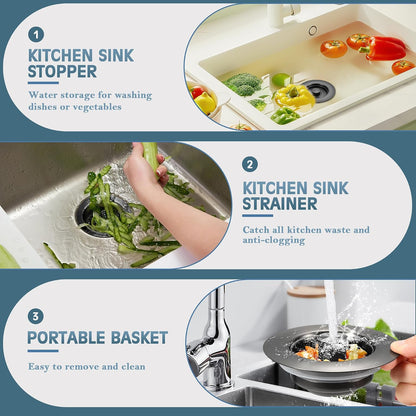 Sink Drain Strainer 3 in 1, 304 Stainless Steel Pop Up Kitchen Sink Stopper with Anti-Clogging Basket, Kitchen Essential Drain Anti-Clog Gadgets, Fits US Standard 3-1/2'' Sink Drain (SUS 304 Brushed)