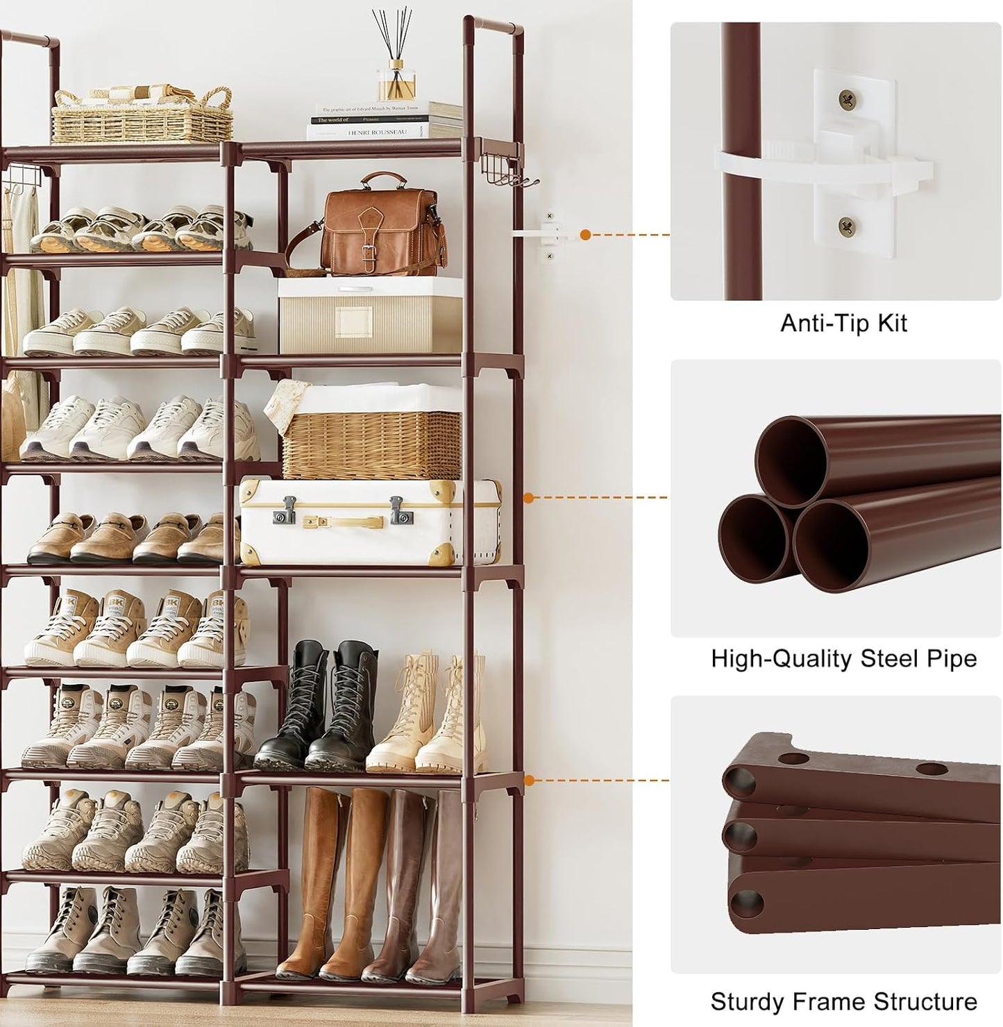 WOWLIVE 9 Tiers Large Shoe Rack Storage Organizer for Closet 50-55 Pairs Shoe Tower Unit Shelf Stackable Shoe Rack with Metal Pipes Plastic Connectors Black(SSS3B9)