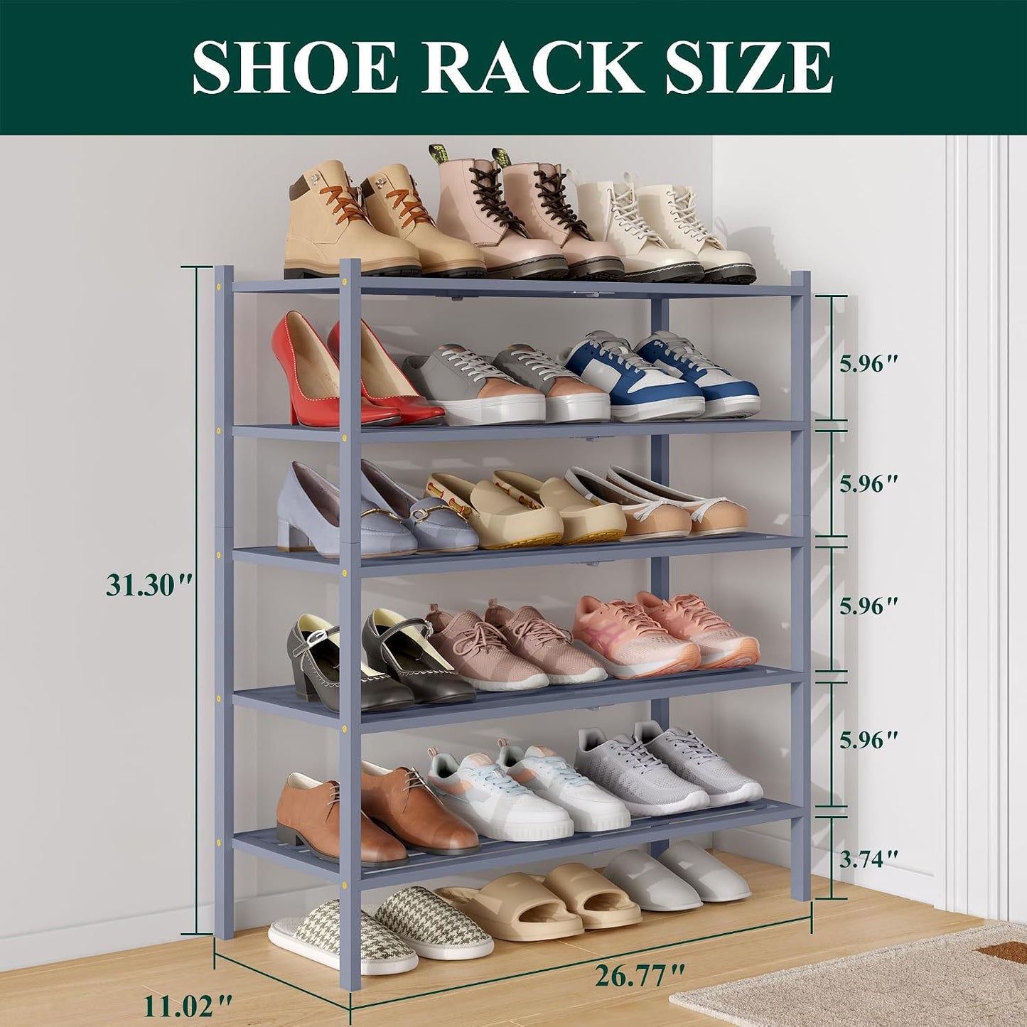 Smiry Bamboo Shoe Rack, 3 Tier Free Standing Wooden Shoe Organizer, Stackable Wood Shoe Storage Shelf for Closet, Entryway, 5 Horizontal Slats, 26.8"x11"x18.3", Natural