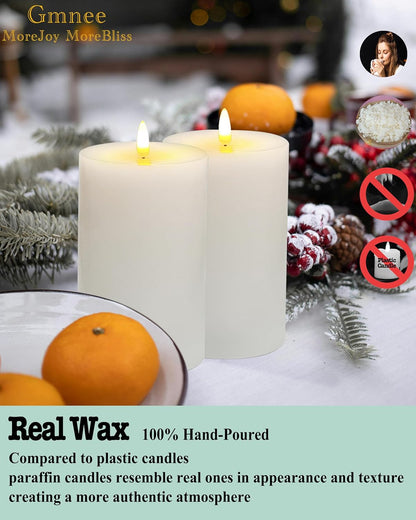 Gmnee 3"x4" Flickering Flameless Candles with Remote Timer, 3" Diameter White Pillar, Real Wax, Set of 2 Large Battery Operated LED Candles for Table and Fireplace Decor (H 4")