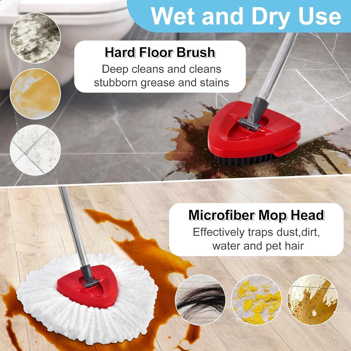 Spin Mop Handle,Mop Replace Heads,Brush and Base Compatible with O Cedar EasyWring 1 Tank,2 Microfiber Mop Refills and Brush,4-Section 30-58" Mop Handle,Mop Base Combo Set for Wet/Dry Floor Cleaning