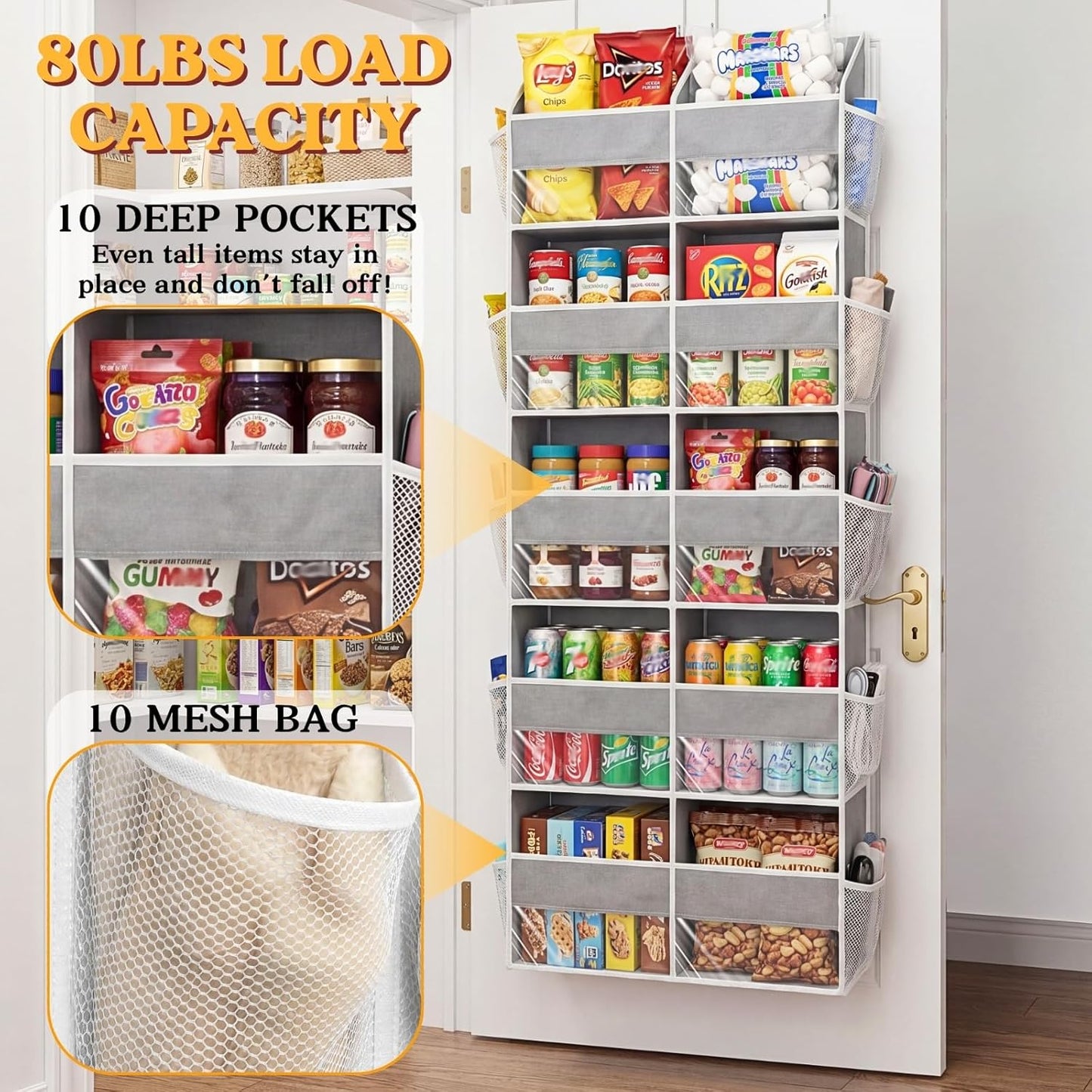 Over The Door Organizer, 5-Tier Extra Large Behind Door Storage with 10 Big Front & 10 Mesh Pockets, 80lb Capacity, Hanging Storage Organizer with Clear Window Kids Toys, Shoes, Diapers, Light Grey