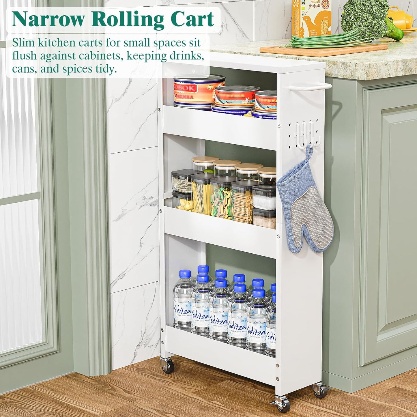 XYZLVSI Slim Storage Cart, Narrow Kitchen Rolling Cart for Small Spaces | 5.9" W skinny storage cart, 12.4" bottom metal utility cart with 360° swivel wheels for bathroom/laundry, slim shelf, white