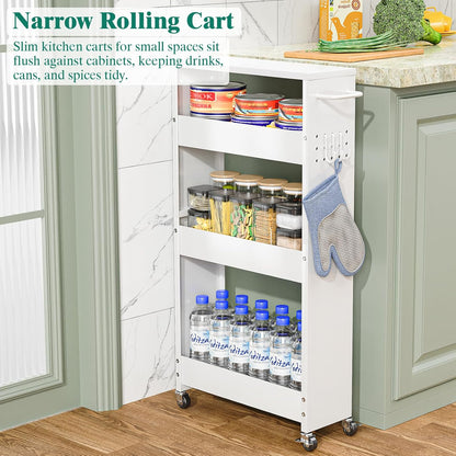 XYZLVSI Slim Storage Cart, Narrow Kitchen Rolling Cart for Small Spaces | 5.9" W skinny storage cart, 12.4" bottom metal utility cart with 360° swivel wheels for bathroom/laundry, slim shelf, white