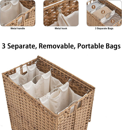 Laundry Hamper with Wheels&Lid, 50.2 Gallons(190L) Rolling Laundry Basket with Wheels, 3-Section Laundry Hamper, Handwoven Rattan Clothes Hamper with 6 Removable Liner& 3 Mesh Laundry Bags, Grey