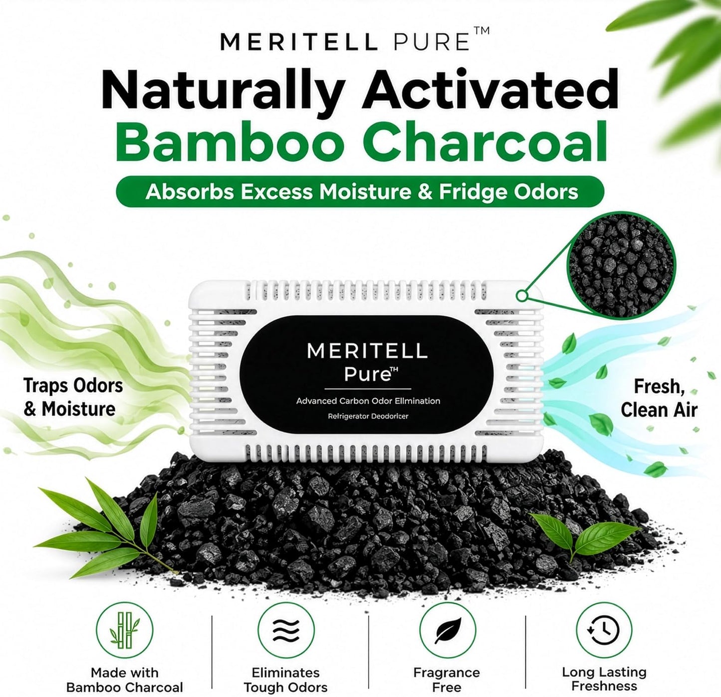 Fridge Deodorizer – Activated Charcoal Refrigerator Odor Eliminator – Long-Lasting Fridge Odor Absorber for Freezer, Cooler & Lunch Box – Baking Soda Alternative