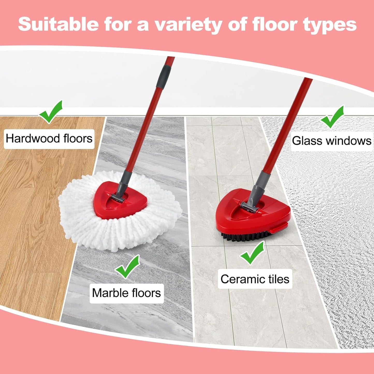 Mop Handle Mop Replace Heads and Mop Base Brush Replacement for O Cedar EasyWring 1-Tank System Include 3 Spin Mop Replacement Head, 4-Section Mop Handles, 1 Base and 1 Scrub Brush Combo