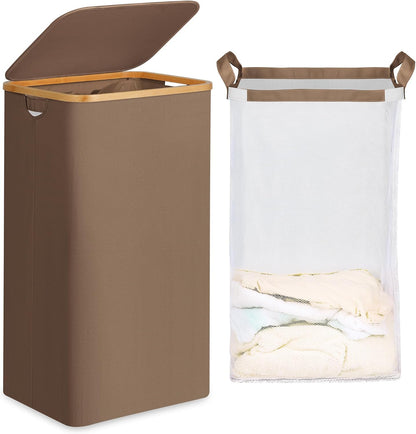 efluky Slim Laundry Basket with Lid, Narrow Laundry Hamper with Removable Bag, Skinny Dirty Clothes Basket with Bamboo Handles for Bathroom, Bedroom & Laundry Room, 75L Beige