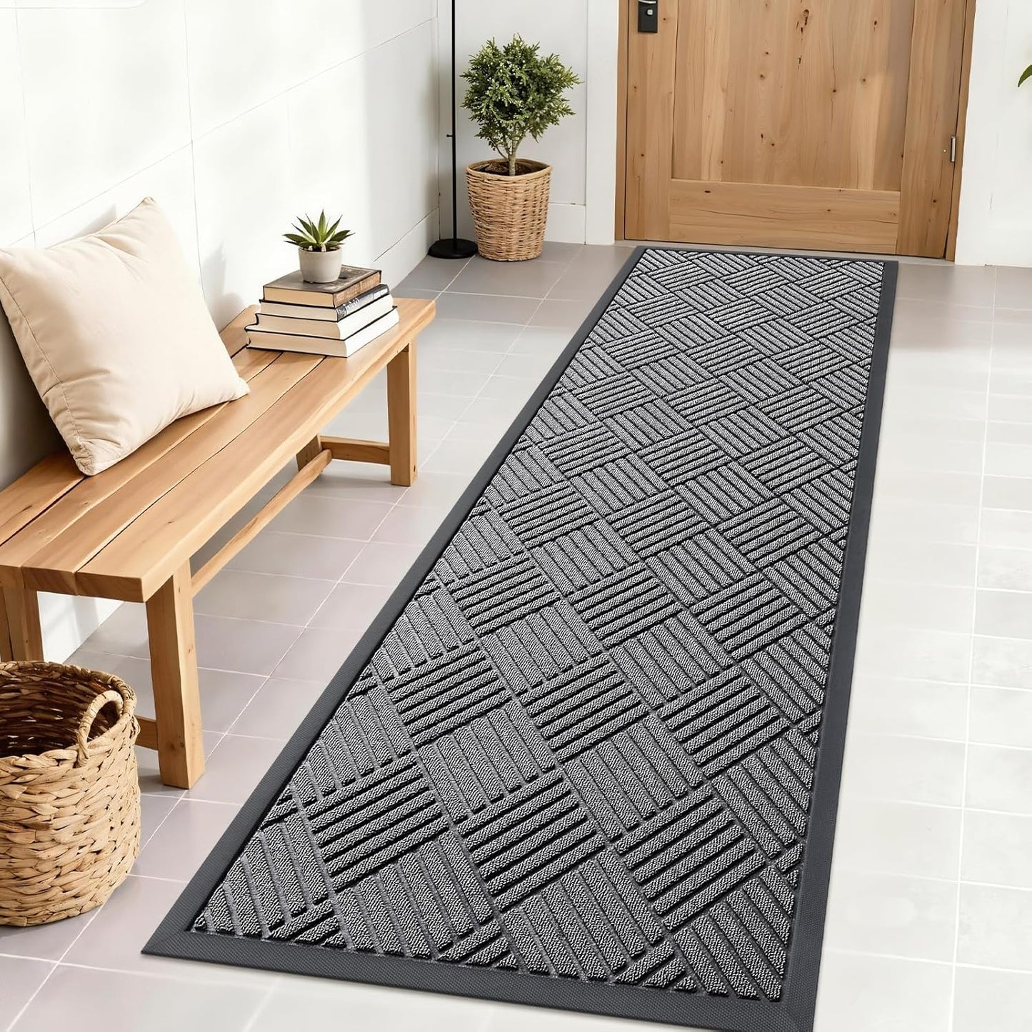 OLANLY Front Door Mat Outside Entrance 29.5x17, Absorbent, Heavy Duty Sturdy Natural Rubber Doormat Indoor Outdoor, Stain and Fade Resistant, Non-Slip Low Profile Floor Mat for Entryway, Grey Diamond