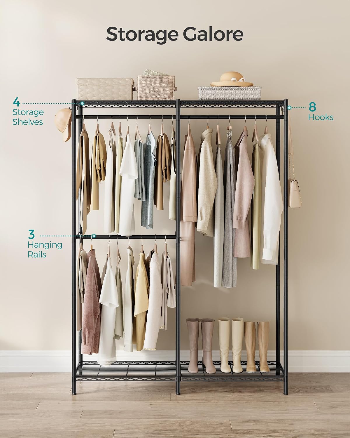SONGMICS Heavy-Duty Clothes Rack, Garment Rack, Portable Closet, 68.7-Inch Wide Clothing Rack with Adjustable Mesh Shelves and Hanging Rails, Ink Black ULGR433B01