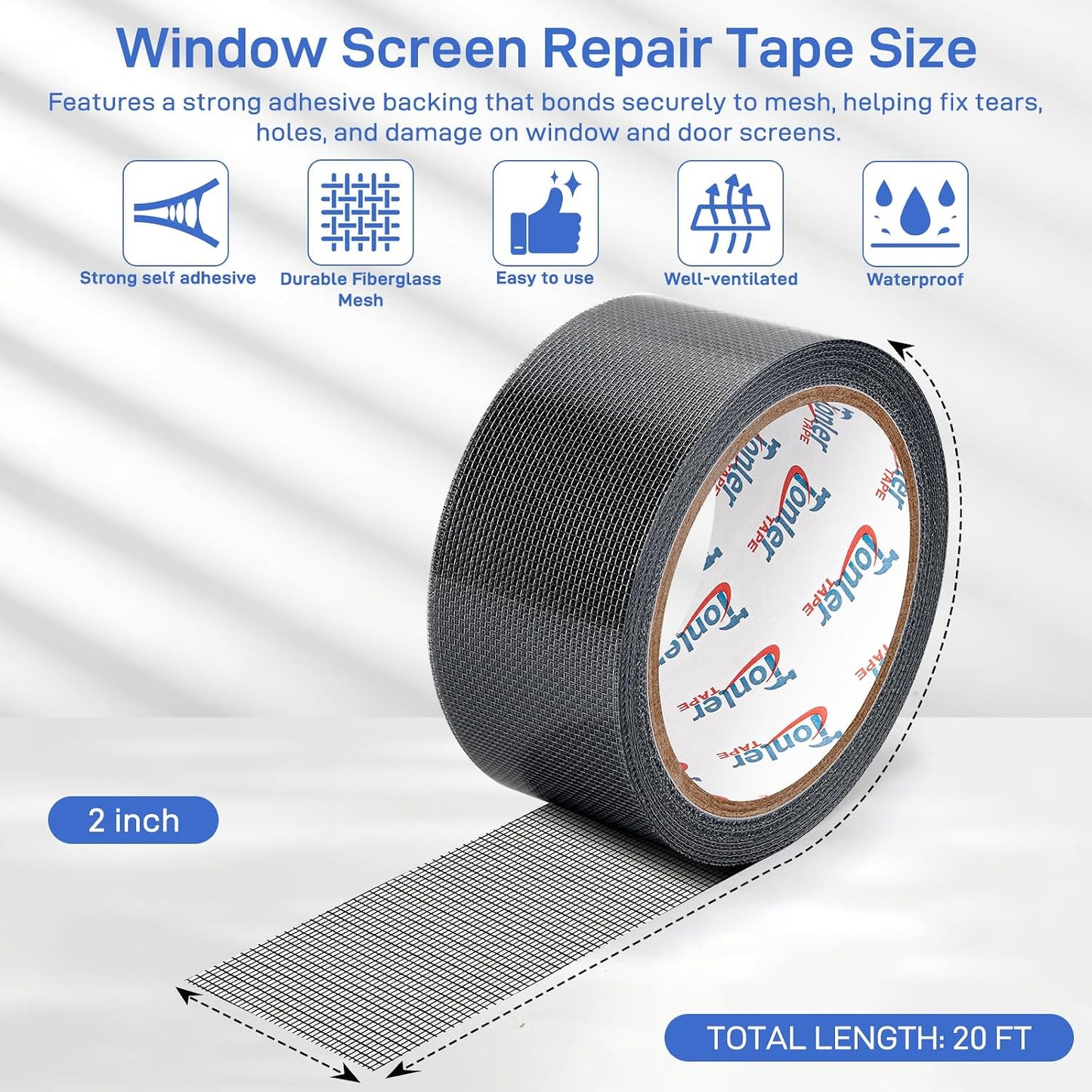 Window Screen Repair Tape 2 in x 40 FT Fiberglass Strong Adhesive Screen Patch, Waterproof Mesh Repair Kit for Window & Door Screen Holes Tears - Gray