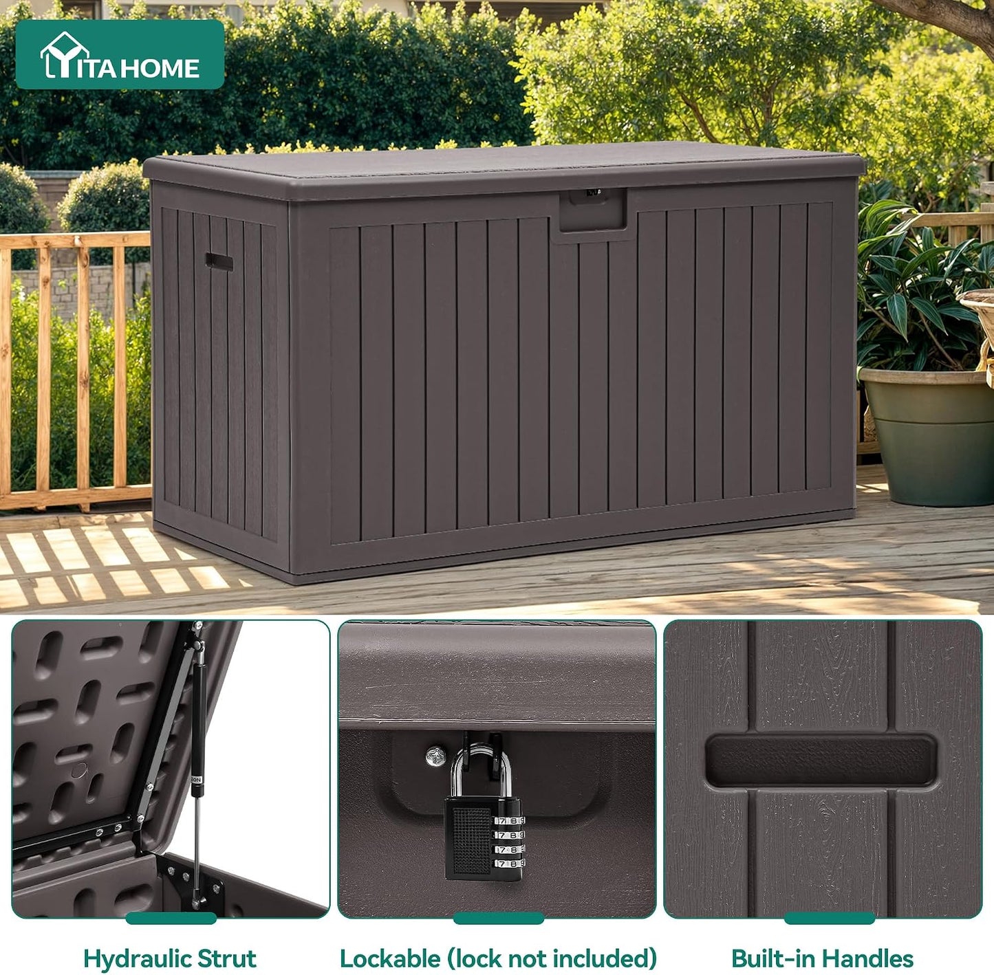 YITAHOME 100 Gallon Large Outdoor Deck Box | Waterproof Resin Storage Box, Lockable Indoor Outdoor Storage Container for Patio Furniture Cushions, Pool Accessories