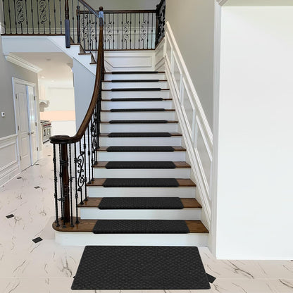 PURE ERA Carpet Stair Treads Tape Free Non Slip Indoor Stair Carpet Stair Protectors Pet-Friendly Non-Slip Skid Resistant Washable Reusable 8" x 30"(2 Pieces,Black)