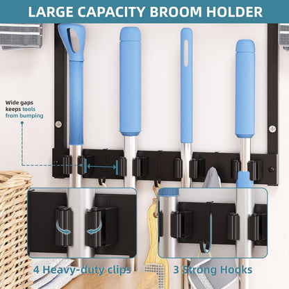 Broom Holder Wall Mount with Cleaning Supplies Organizer, Laundry Room Organization and Storage Shelves, Mop Hanger Broom Rack with Hooks, Home Improvement Kitchen Shelf Garage Organizer