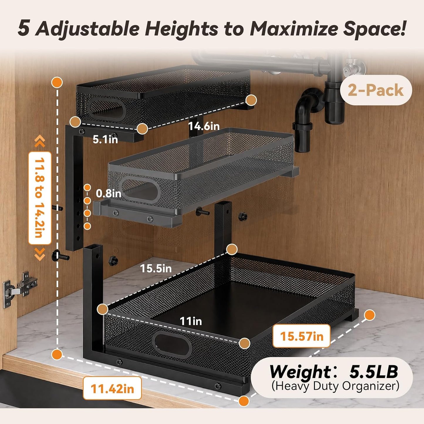 3-Tier Under Sink Organizer 2-Pack Thickened Metal Pull out Cabinet Shelf Height Adjustable Slide Out Drawer Storage Rack for Bathroom Kitchen Pantry Laundry Home Office Organization (Black)