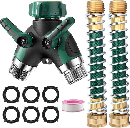 2 Way Garden Hose Y Splitter, 3/4 Inch Heavy Duty Metal Faucet Splitter | 2 Pack 3/4" Garden Hose Splitter Heavy Duty Water Faucet Splitter with Comfortable Rubberized Grip + 6 Extra Rubber Washers