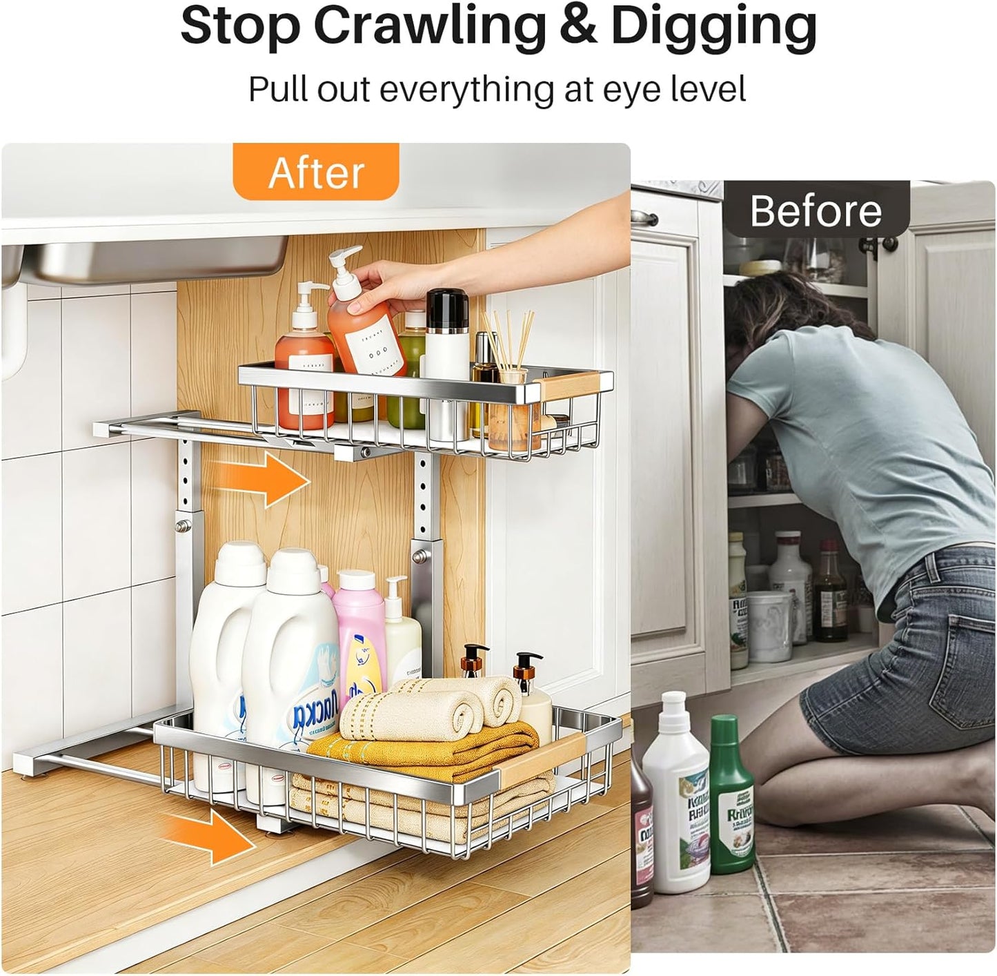 PXRACK Under Sink Organizer, Adjustable Height, 2 Tier Pull Out Under Cabinet Organizer, Slide Out Thickened Metal Under Sink Storage for Kitchen Bathroom Laundry Pantry Cabinet, White, Large-1-Pack