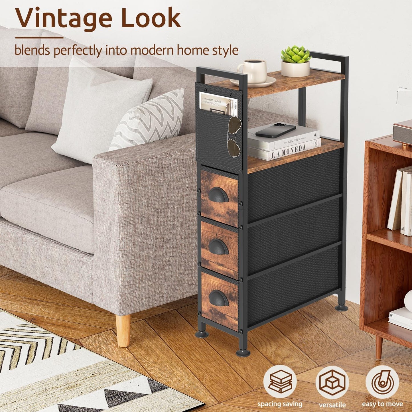 Oppro Small Narrow Side End Table, 2 Drawer Slim Nightstand Bedside Sofa Table with Wheels, Space Saving Rolling Skinny Thin Desk with Storage Bag for Bedroom Living Room Couch Bathroom Dorm