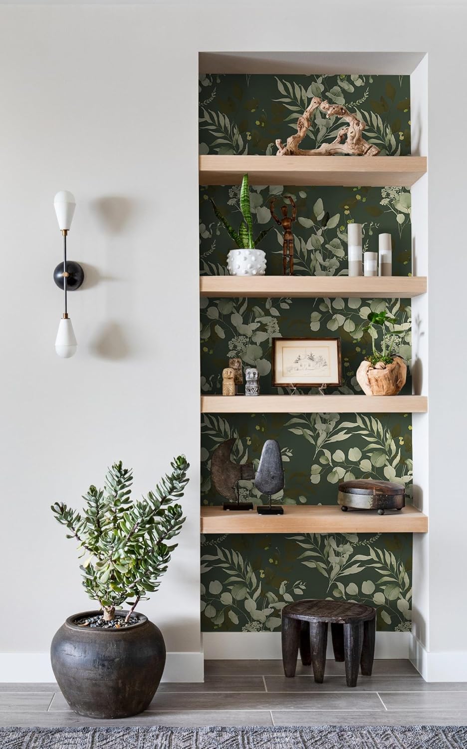 HAOKHOME Peel and Stick Wallpaper Boho Green/White Botanical Leaf Floral Wall Mural Home Nursery Decor Renter Friendly Wallpaper 17.3in x 9.8ft