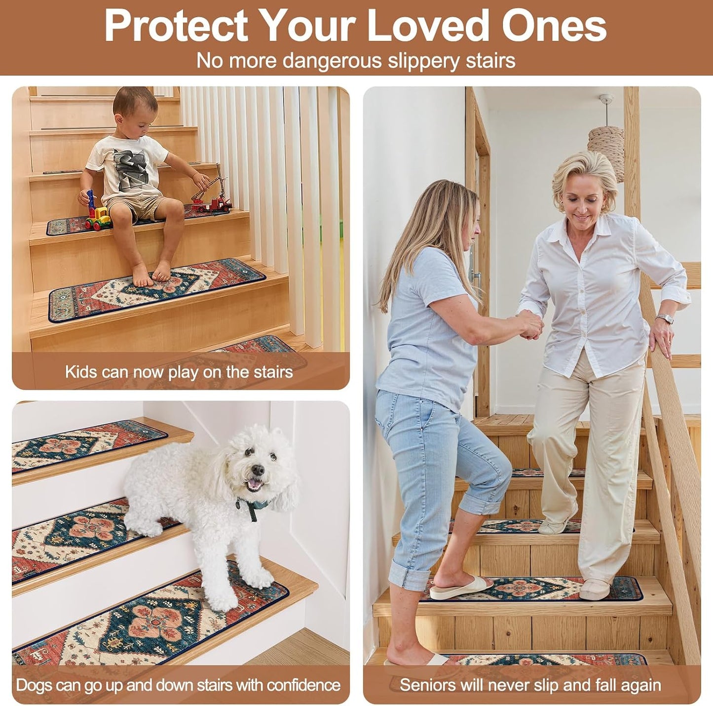 OJIA Stair Treads Non Slip for Wooden Steps Indoor 15PCS Carpet Stair Treads, Rubber Backing Stair Carpet Treads, Residue Free 8"x30" Staircase Step Treads Edging Stair Rugs for Kids & Pets, Gray