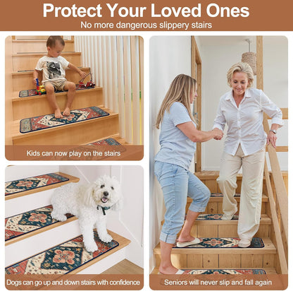 OJIA Stair Treads Non Slip for Wooden Steps Indoor 15PCS Carpet Stair Treads, Rubber Backing Stair Carpet Treads, Residue Free 8"x30" Staircase Step Treads Edging Stair Rugs for Kids & Pets, Gray